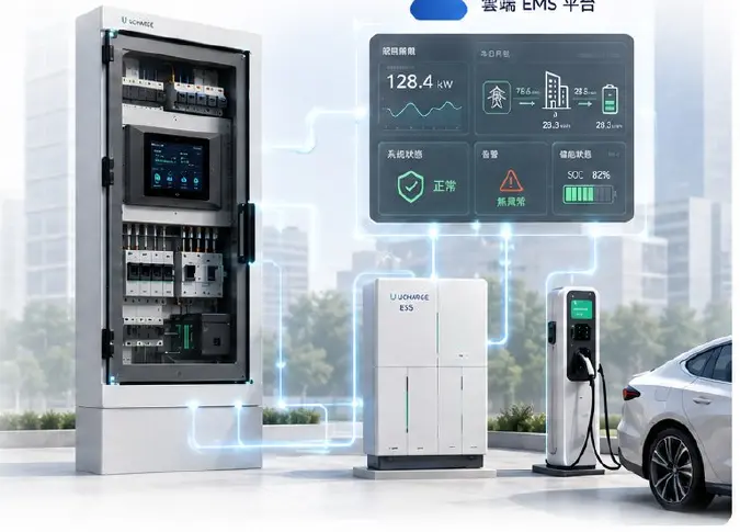 智慧電力盤、雲端 EMS、儲能與充電設備整合示意